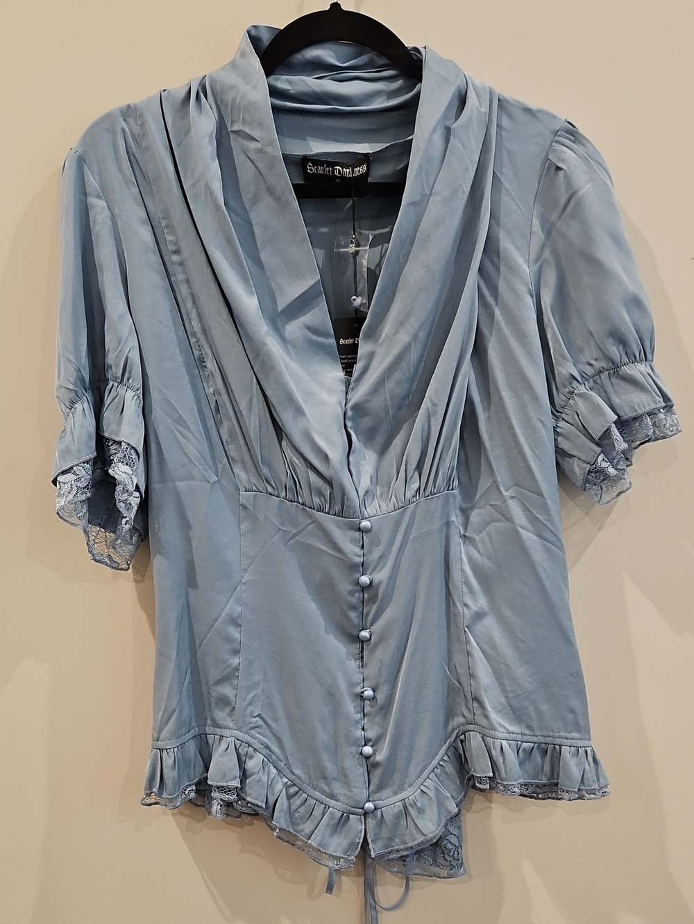Blue Satin Button-Front Lace Trim Blouse